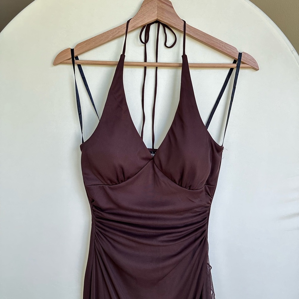 Y2K Brown Halter Dress Coquette Goth Tiered Ruffled Midi - Picture 4 of 6